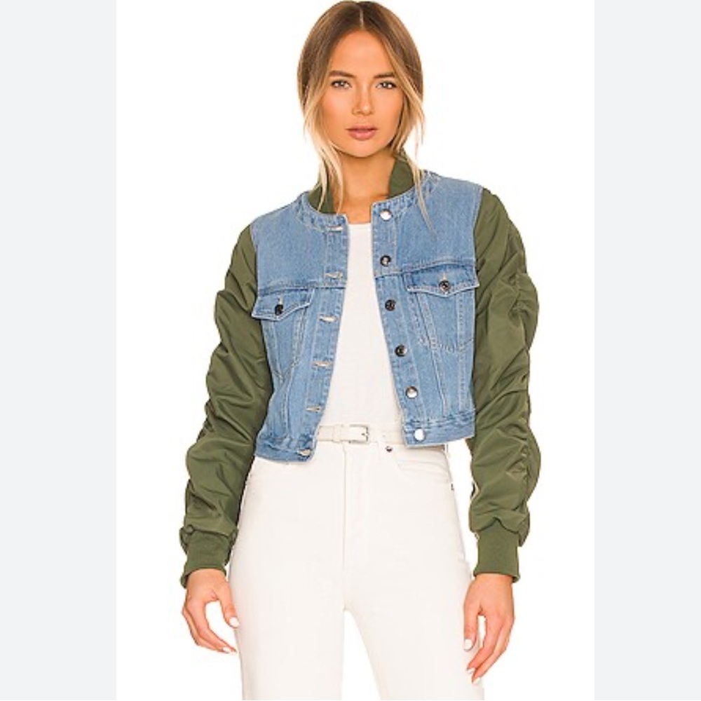 Veronica Beard Emelia Combo Jacket Denim Crop Bomber Olive Green Sleeves Large